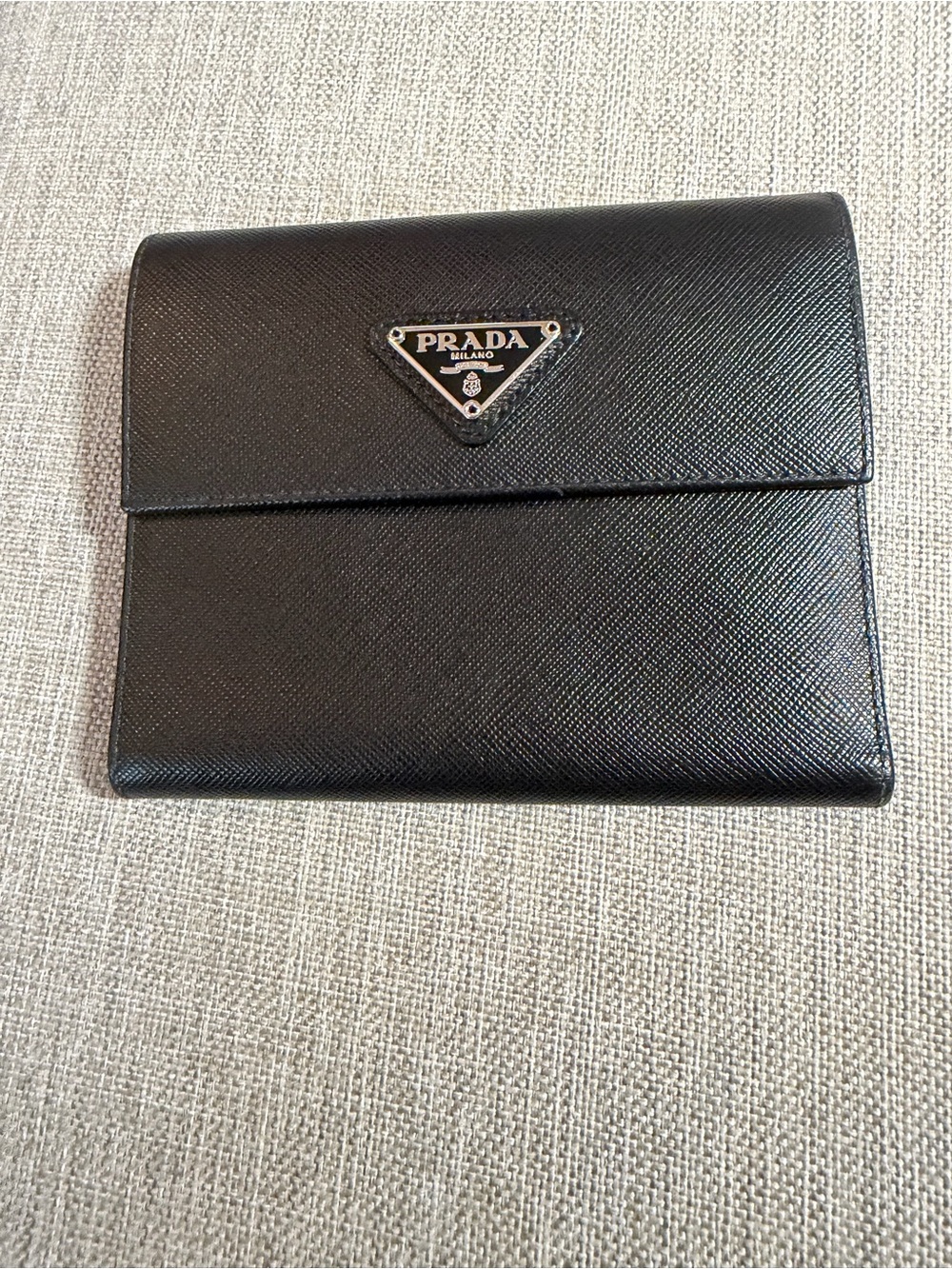 Prada Black Saffiano Leather Folded Wallet with Triangle Logo